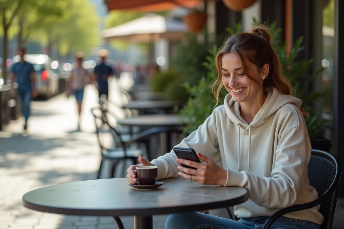 Femme souriante regardant sports sur smartphone en terrasse