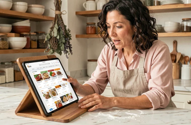 Femme consultant la carte des recettes du site Cuisine Gratuite sur une tablette dans une cuisine chaleureuse