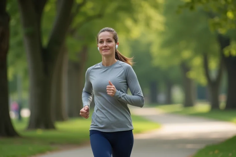 Femme en jogging dans un parc nature dynamique