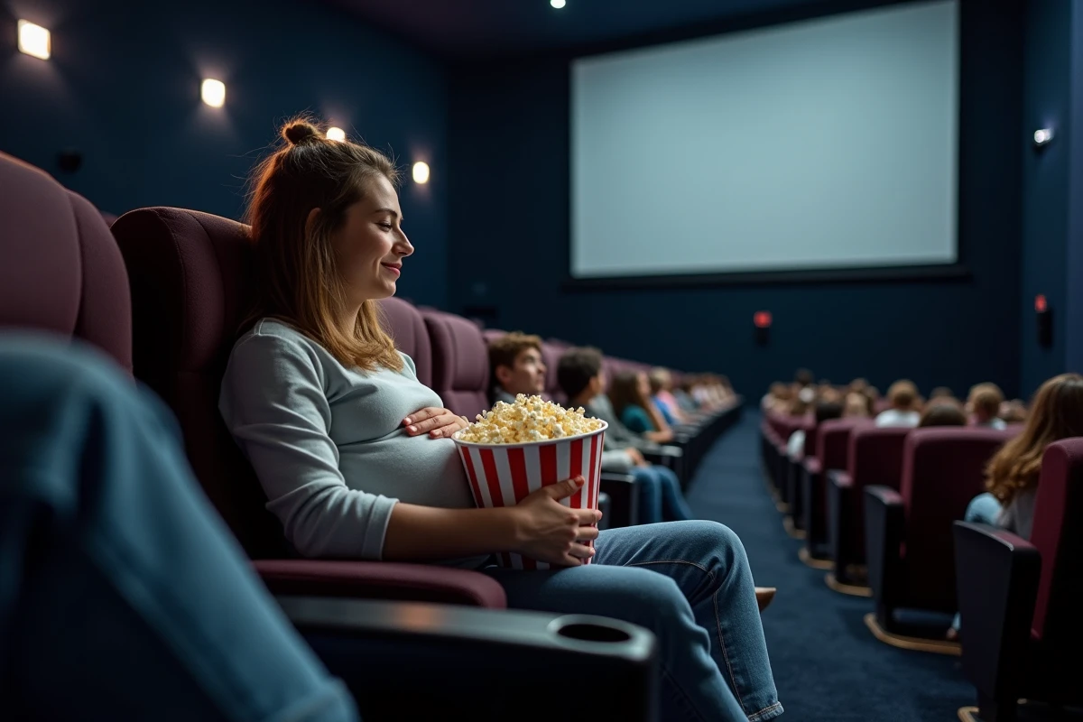 Femme enceinte assise dans une salle de cinéma avec popcorn