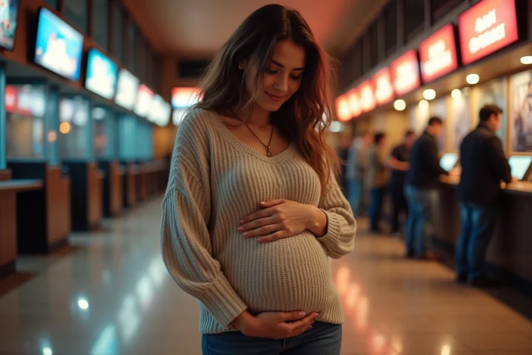 Femme enceinte souriante devant le guichet de cinéma