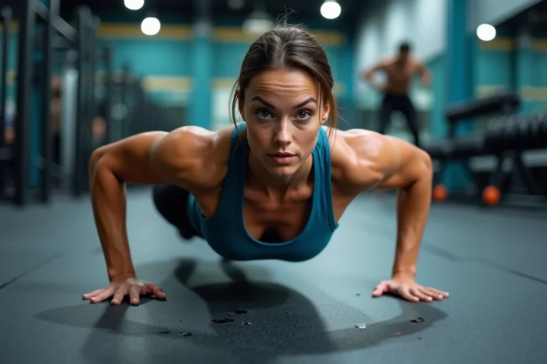 Femme en entraînement push-up dans une salle de sport
