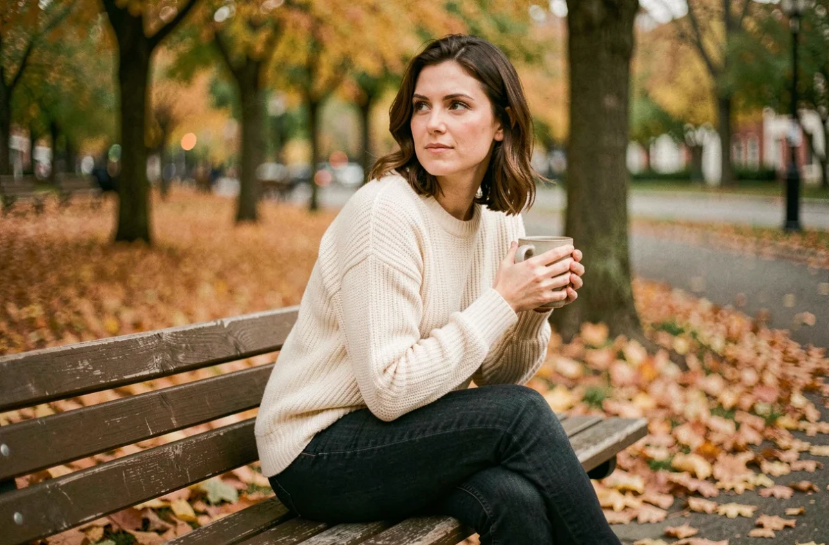Femme songeuse assise sur un banc de parc en automne, tenant une tasse, exprimant une introspection calme pour surmonter les défis émotionnels