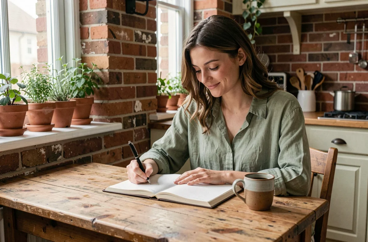 Jeune femme souriante écrivant dans un journal intime à une table de cuisine rustique, illustrant la pratique du journaling pour retrouver confiance en soi