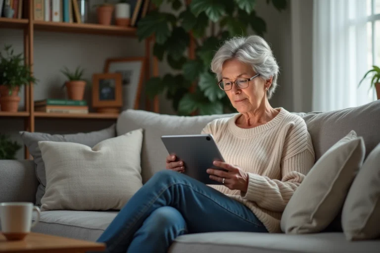 Femme lisant une tablette dans un salon chaleureux