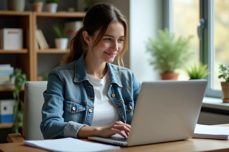 Jeune femme en denim travaillant sur un ordinateur à domicile