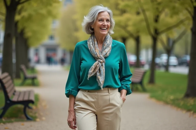 Femme souriante dans un parc urbain au printemps