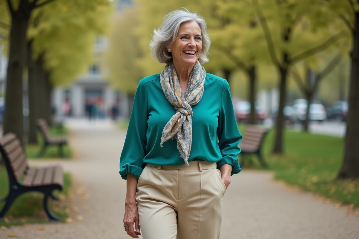 Femme souriante dans un parc urbain au printemps