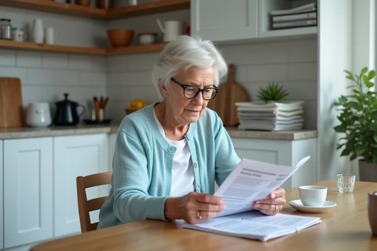 Femme senior lisant une brochure dans sa cuisine moderne