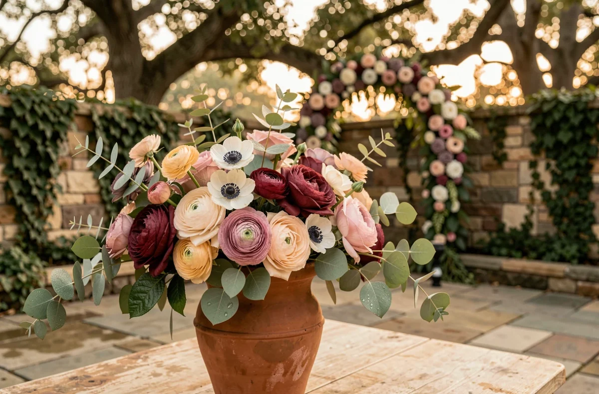 Composition florale de saison avec des roses, renoncules et anémones dans une urne en terre cuite, réutilisée de la cérémonie à la réception de mariage