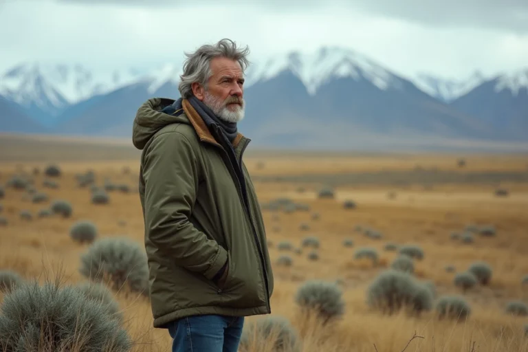 Homme aux cheveux grisonnants en veste de randonnée contemplant les sommets enneigés de Patagonie dans une steppe sauvage et ventée
