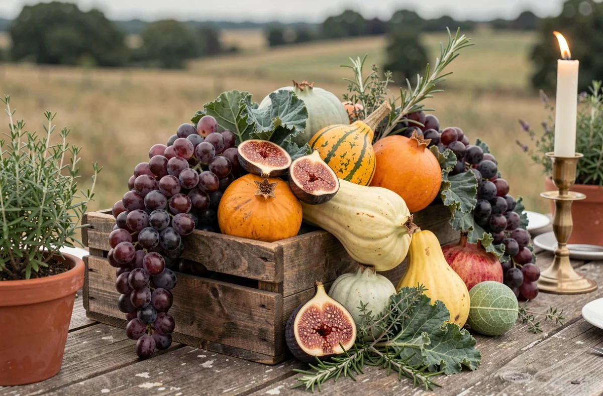 Centre de table de mariage composé de fruits et légumes de saison : raisins, figues, coings, grenades et courges heirloom arrangés sur une caisse en bois rustique