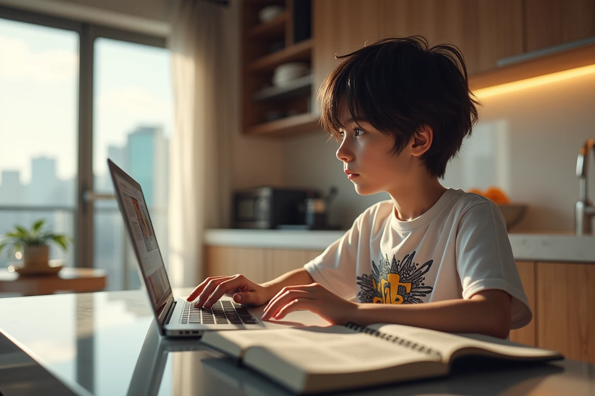 Adolescent regardant manga sur ordinateur dans cuisine moderne