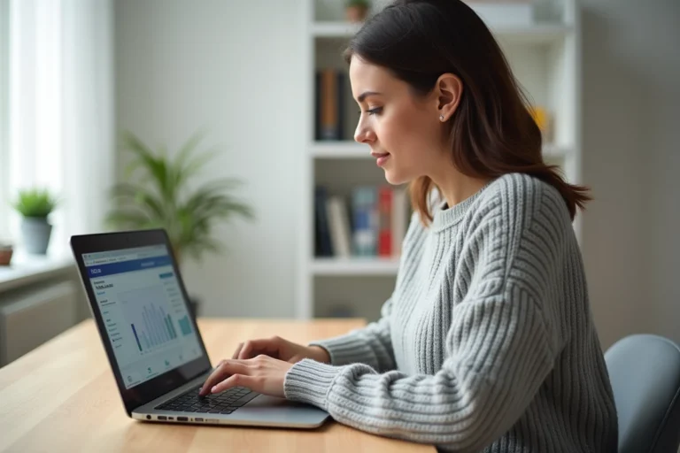 Femme gérant ses comptes bancaires en ligne depuis un bureau à domicile sur un ordinateur portable