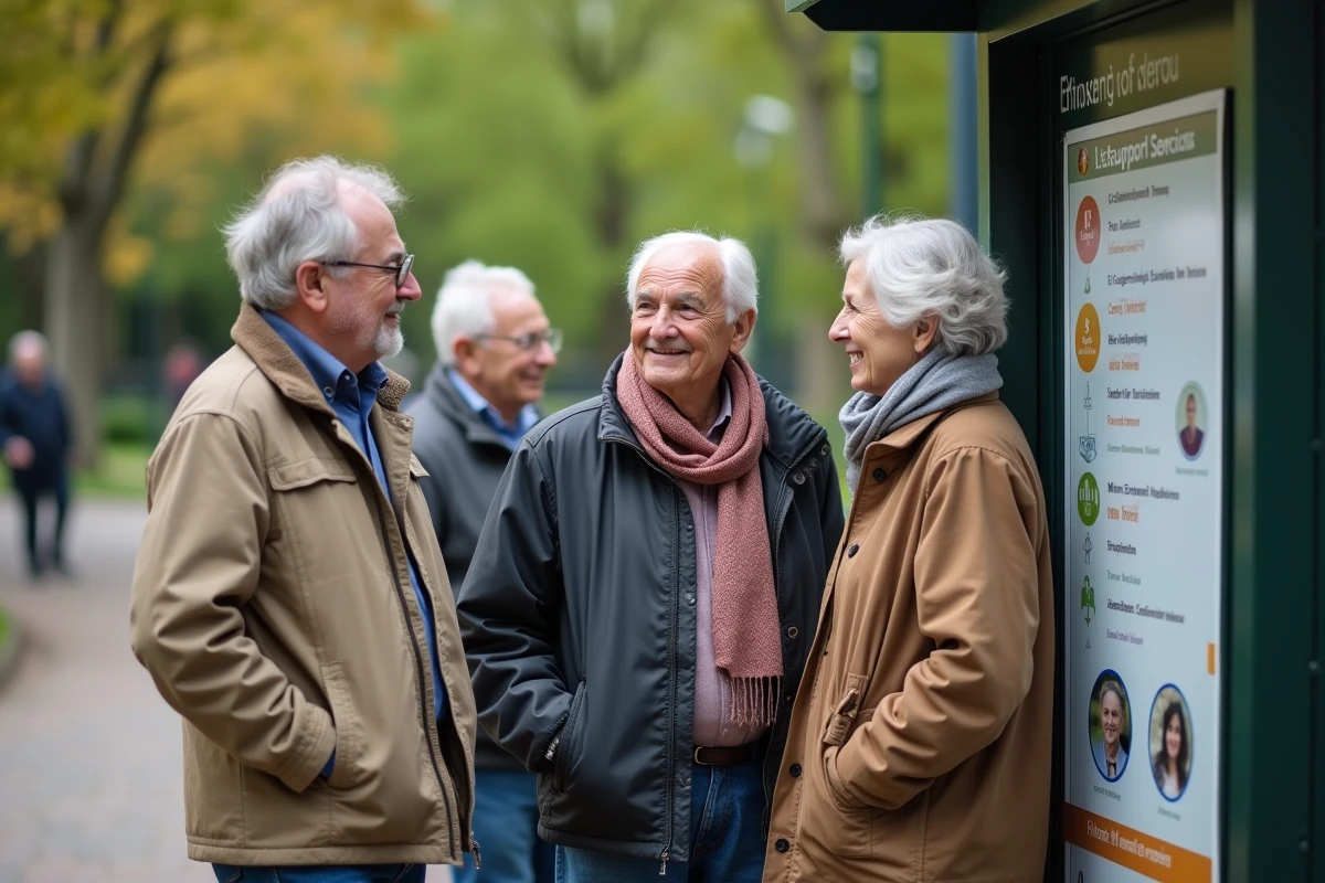Groupe de seniors discutant dans un parc urbain
