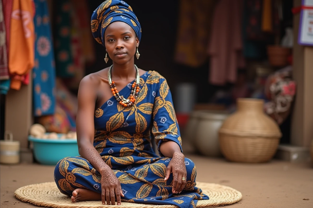 Femme africaine montrant sa main gauche ornée de henné traditionnel séché dans un marché coloré