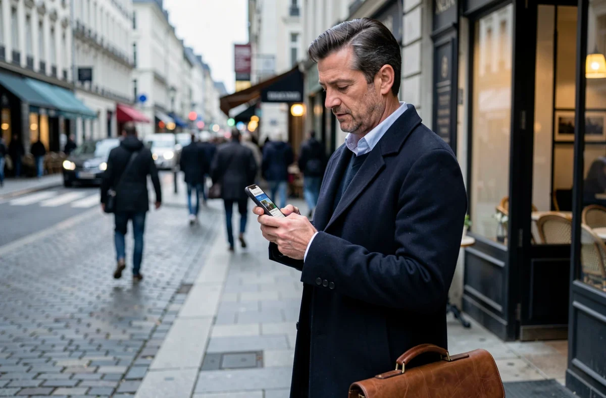 Homme d'affaires consultant les informations en ligne sur son smartphone dans une rue animée de la ville