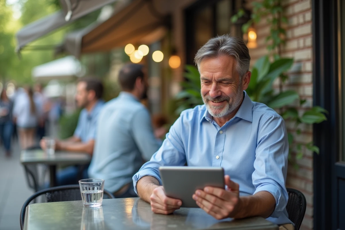 Homme d age moyen postant une annonce en ligne au café