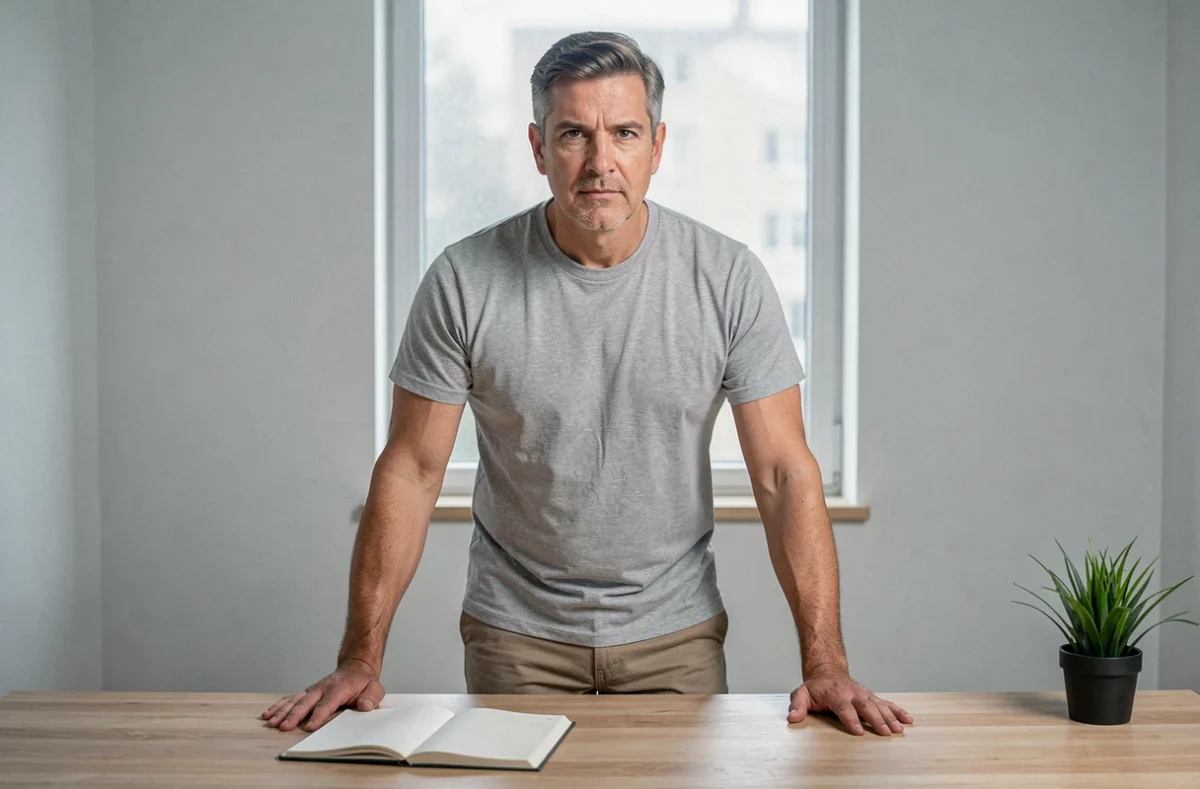 Homme debout dans un bureau minimaliste, les mains posées sur un bureau en chêne, regard déterminé illustrant la confiance en soi retrouvée