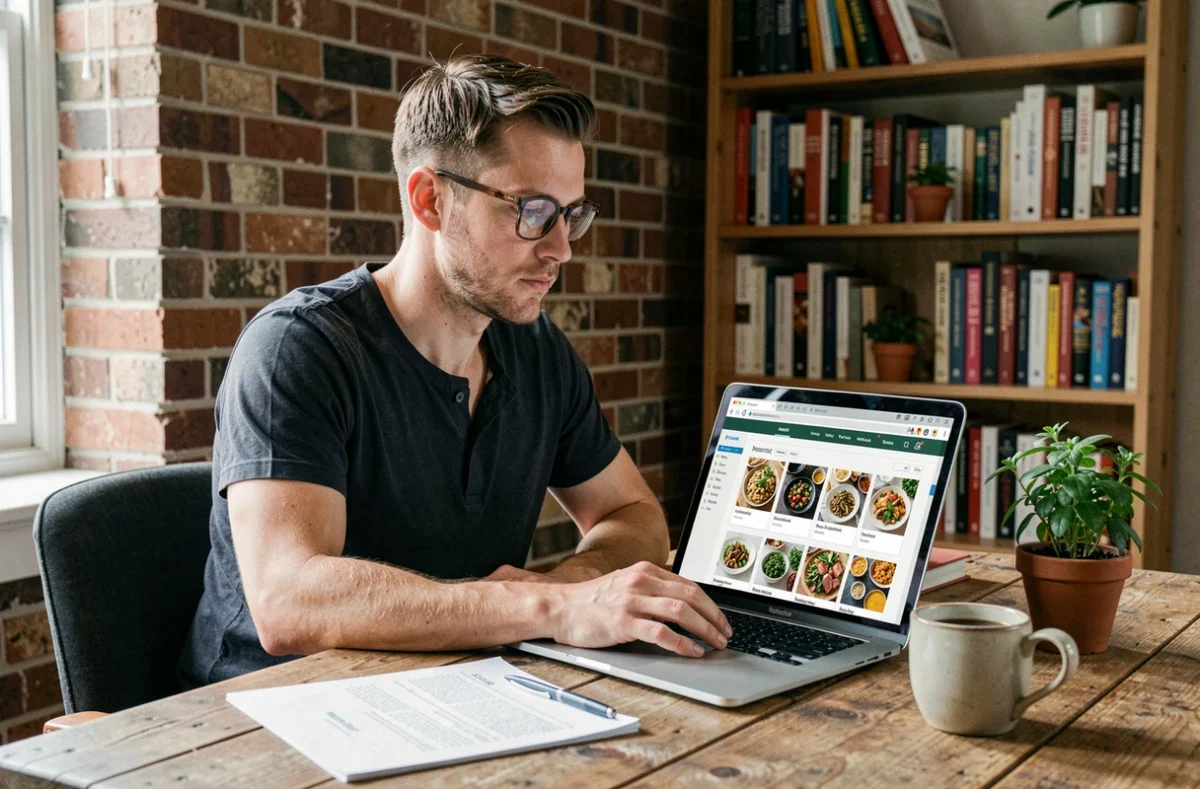 Homme explorant la carte du site de recettes Cuisine Gratuite sur un ordinateur portable dans un bureau à domicile