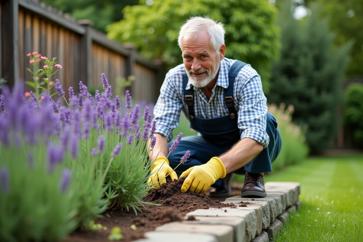 Homme plantant de la lavande dans son jardin ensoleille