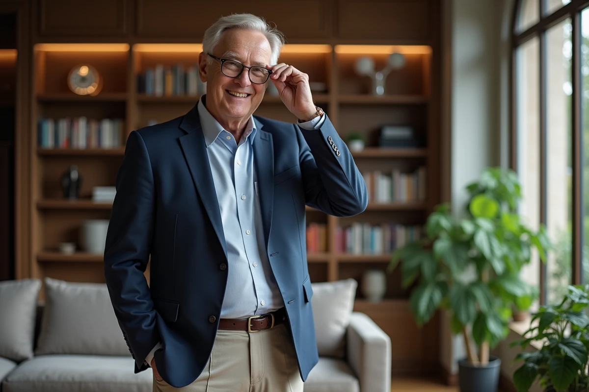 Homme en costume ajusté dans un salon avec livres et plantes