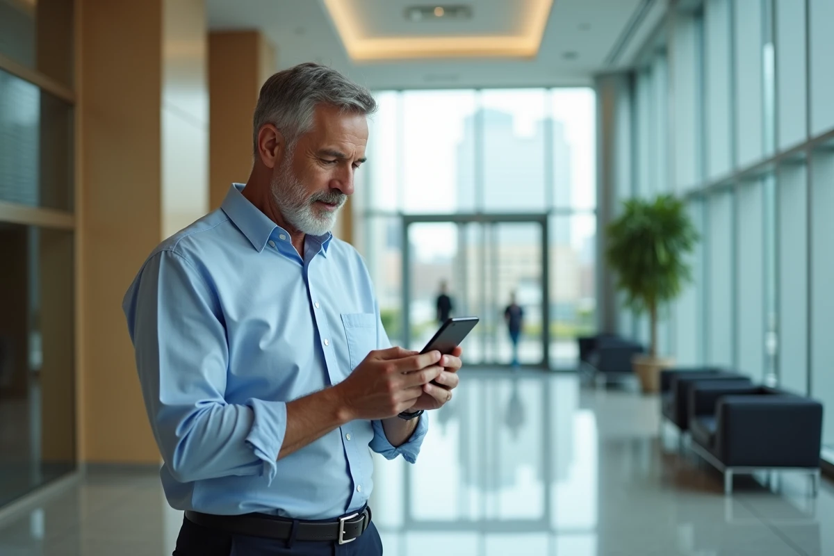 Homme dans un lobby moderne utilisant son smartphone