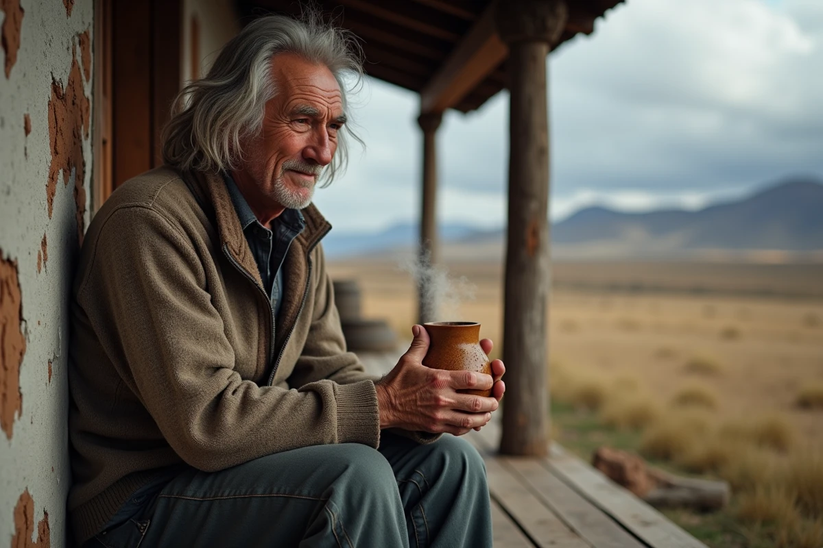 Homme aux cheveux longs gris savourant un maté sur le porche d'une estancia rustique en Patagonie argentine, atmosphère paisible et authentique