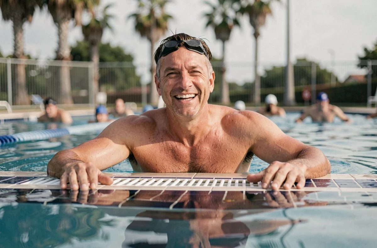 Homme débutant la natation dans une piscine municipale extérieure, sport accessible pour tous
