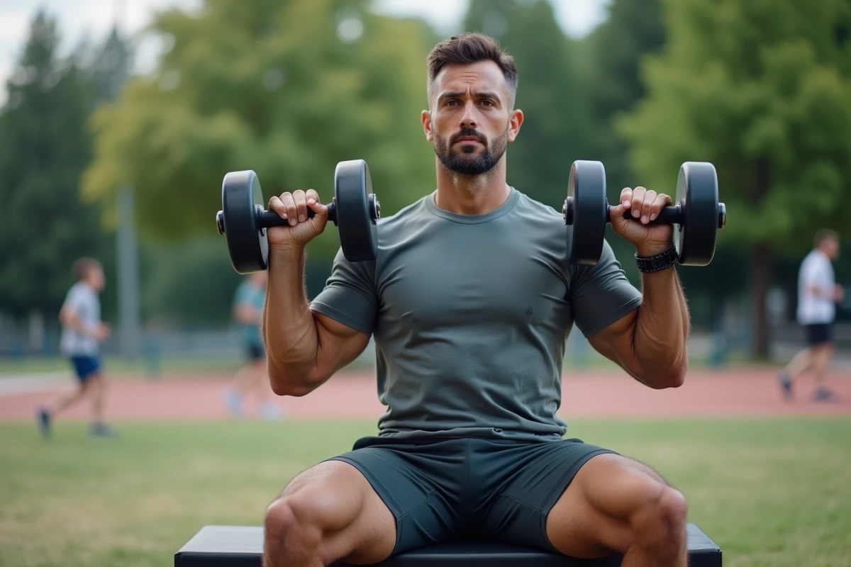 Homme faisant des épaules avec haltères en plein air