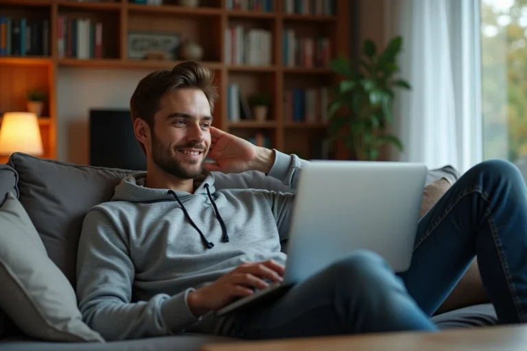 Homme détendu regardant un ordinateur portable dans un salon moderne