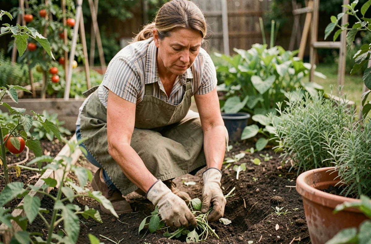 Femme jardinière arrachant des mauvaises herbes à la main dans un potager avec des rangs de tomates en arrière-plan