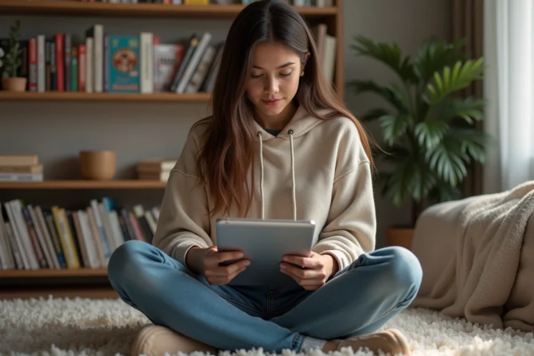 Jeune femme lisant manga sur tablette dans un salon cosy