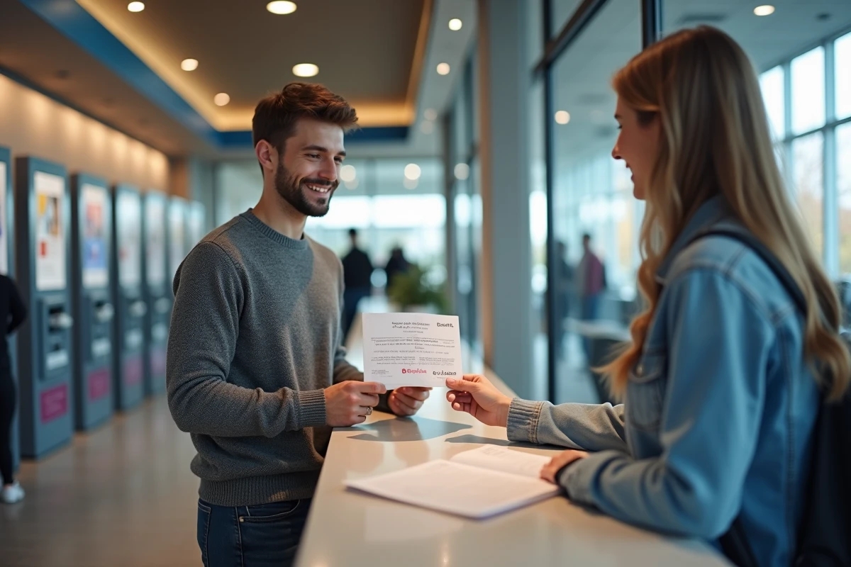 Jeune homme montrant un document à un conseiller bancaire