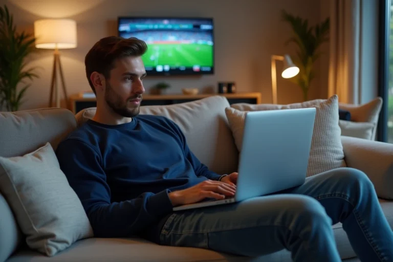 Jeune homme regardant streaming dans un salon moderne