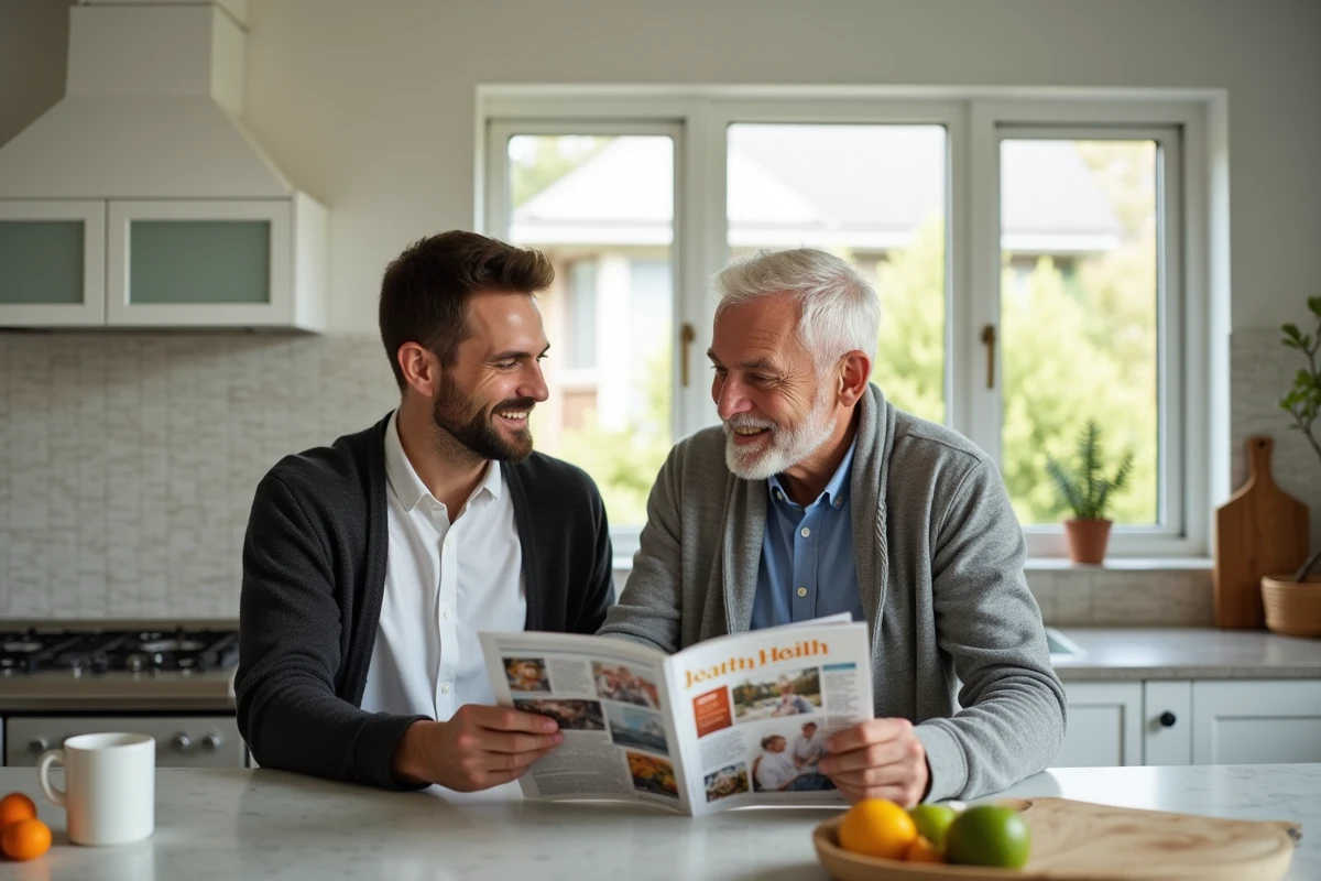 Jeune homme et senior discutant en cuisine moderne