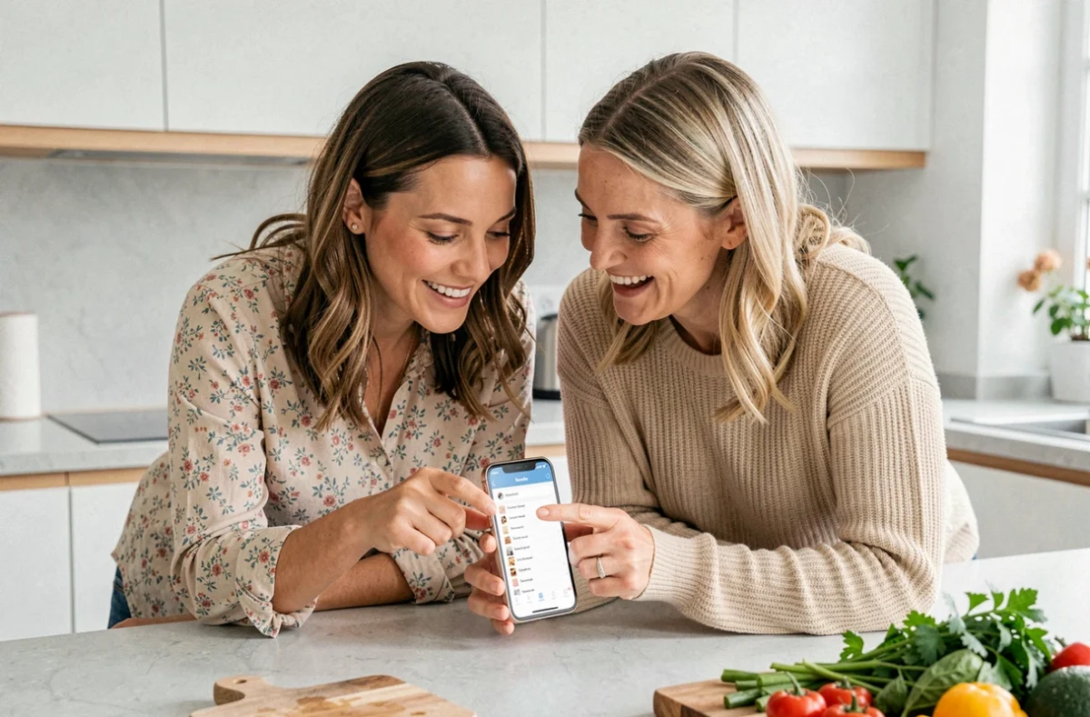 Mère et fille découvrant ensemble la carte des recettes du site Cuisine Gratuite sur un smartphone dans une cuisine moderne