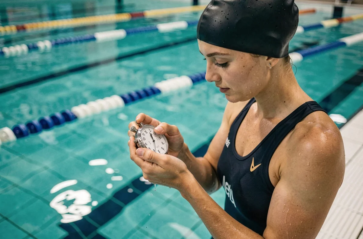 Nageuse professionnelle analysant son temps de performance sur un chronomètre sport au bord d'une piscine olympique intérieure
