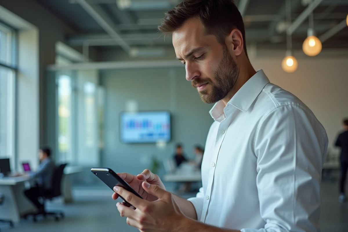 Homme utilisant un smartphone et une tablette pour gérer ses finances avec des outils bancaires en ligne au bureau