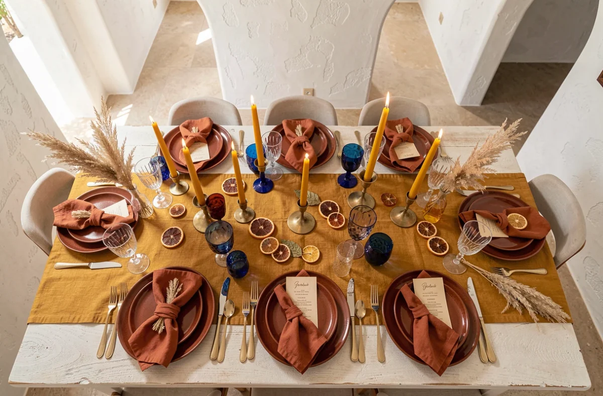 Décoration de table de mariage avec une palette de couleurs audacieuse en terracotta, bleu cobalt et jaune moutarde, loin des codes vert et blanc classiques