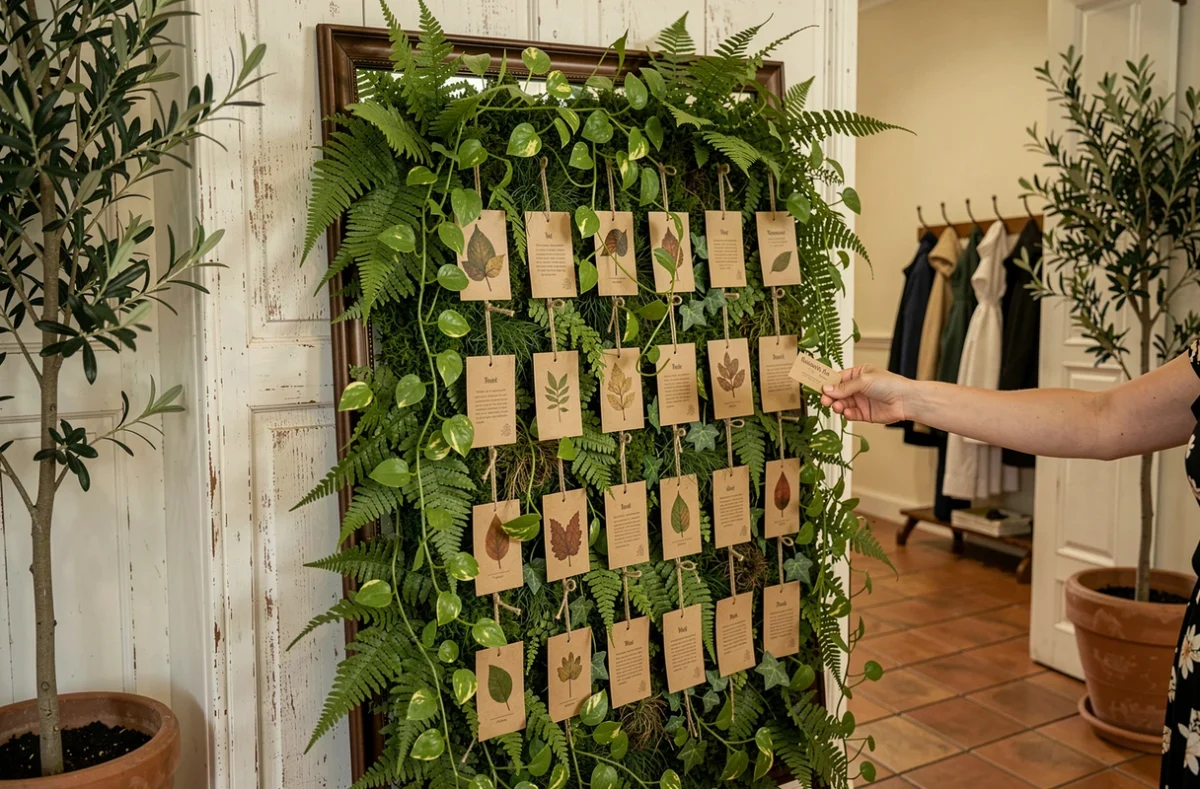 Plan de table végétal pour mariage composé d'un treillis couvert de pothos, fougères et lierre avec des cartes d'invitation en feuilles séchées et kraft naturel