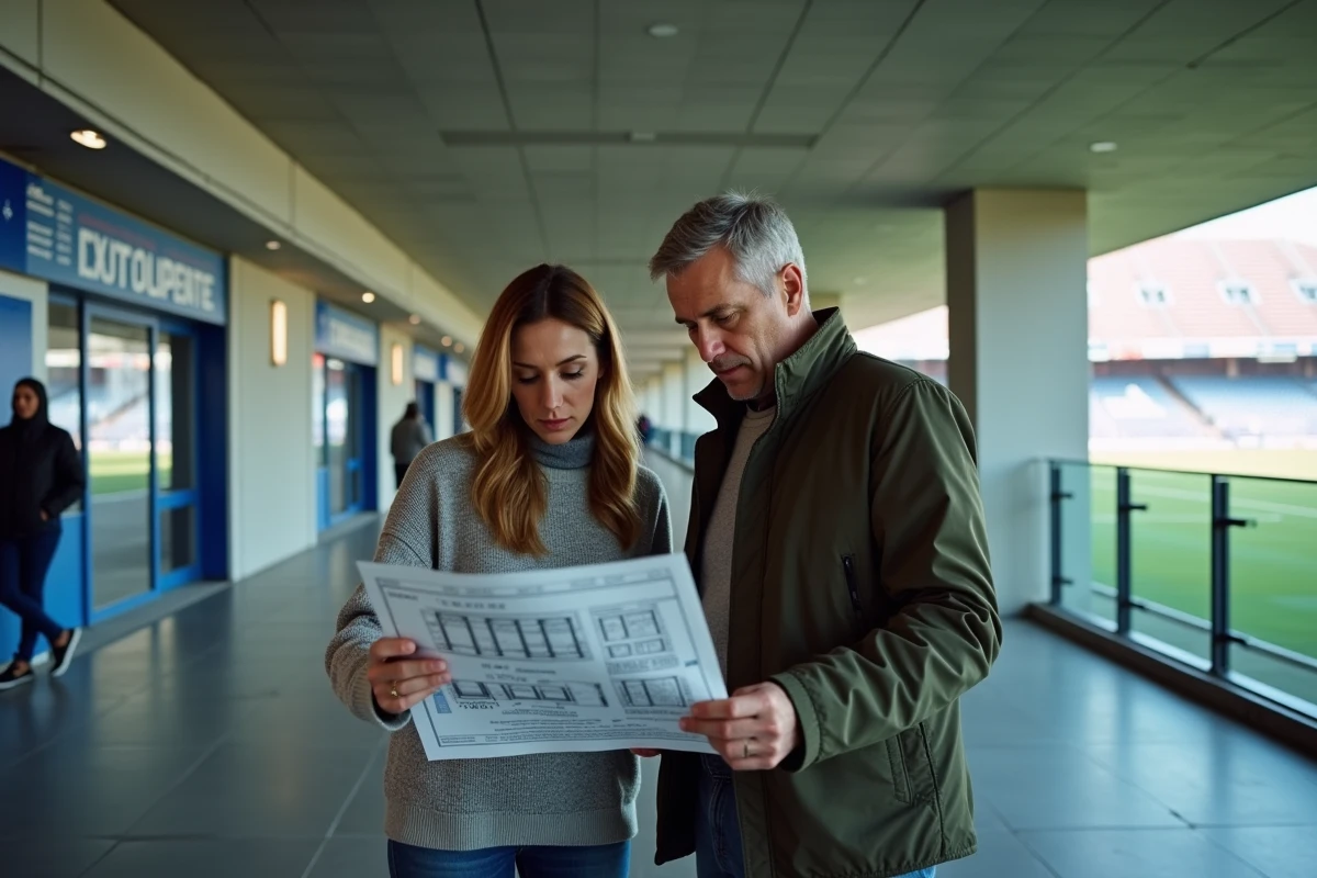Couple consultant le plan des places et catégories du Parc des Princes dans un couloir du stade