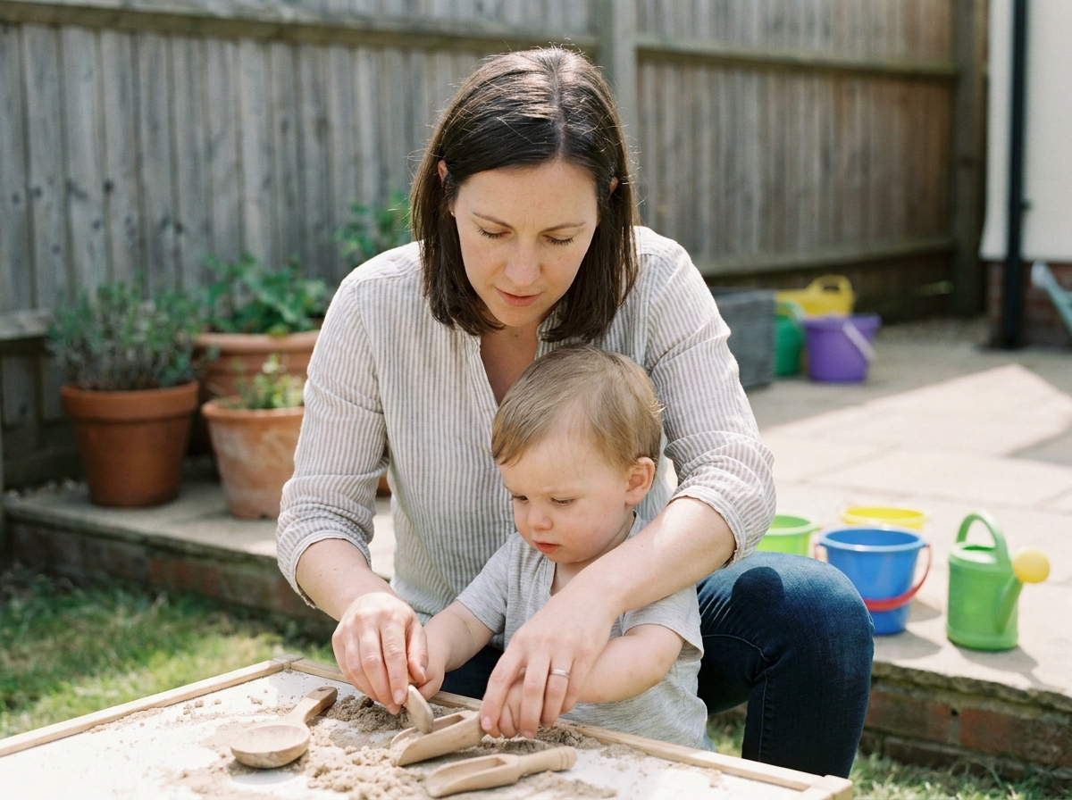 Professionnelle de la petite enfance accompagnant un tout-petit lors d'une activité sensorielle en plein air dans la cour d'une crèche