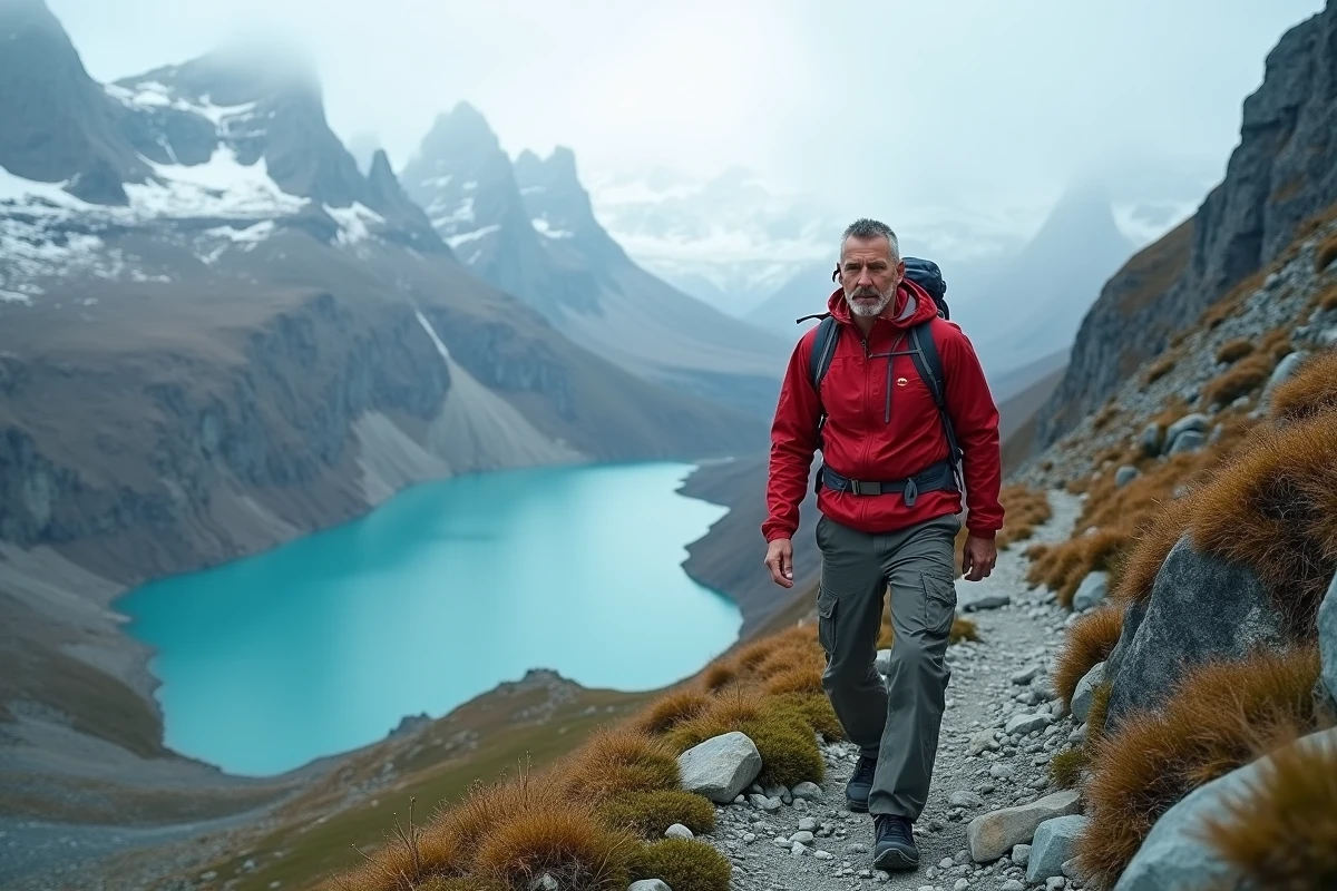 Homme solitaire en randonnée sur un sentier de montagne surplombant un lac glaciaire turquoise avec les pics granitiques de Patagonie en arrière-plan