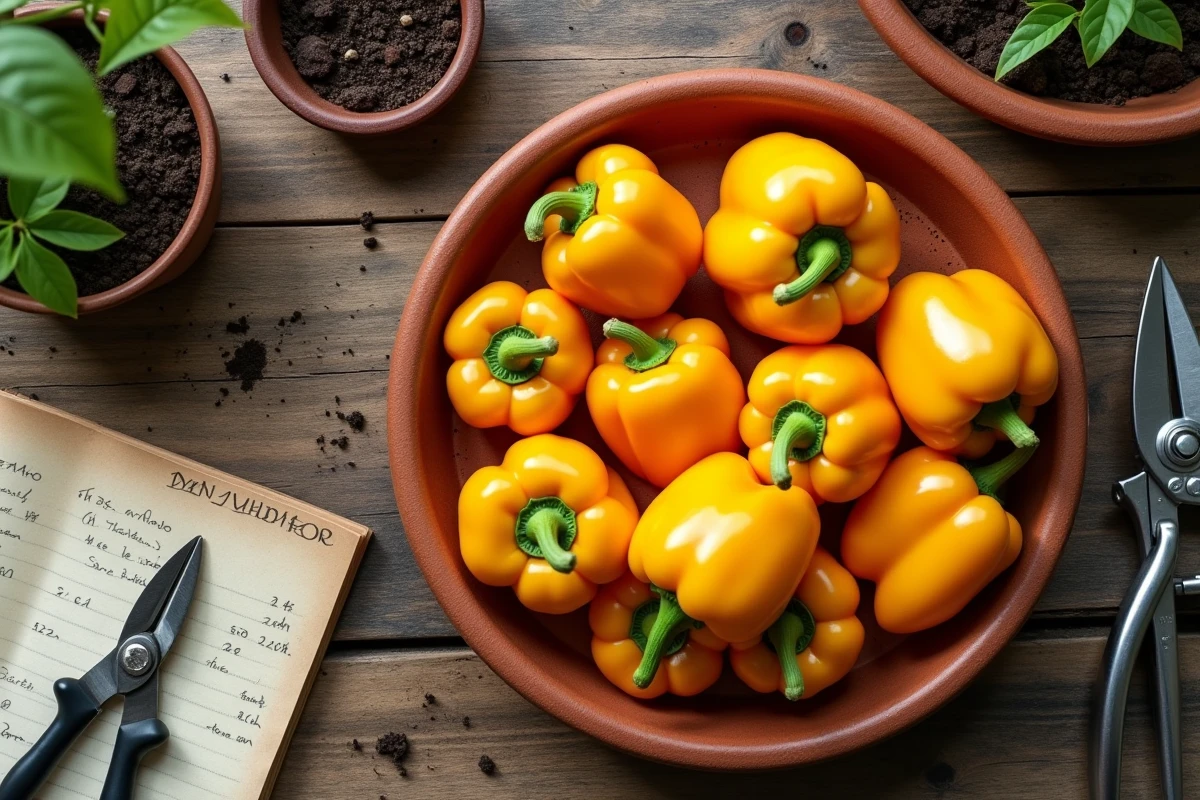 Vue de dessus d'une récolte de piments aji amarillo avec des outils de jardinage sur un plan de travail en bois