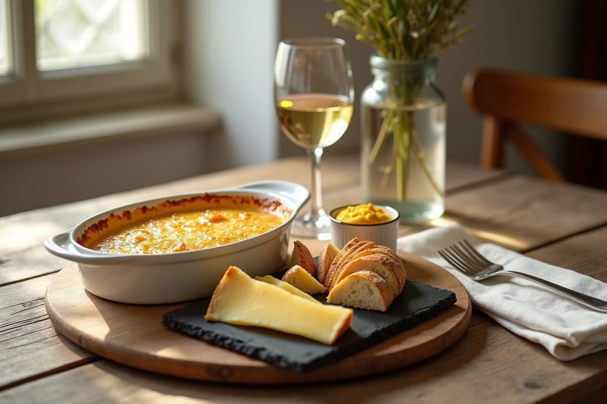 Repas français rustique mettant en valeur un gratin au cantal et des copeaux de comté sur une table en chêne avec baguette et vin blanc du Jura
