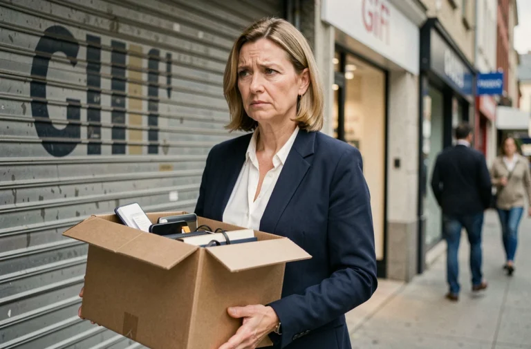 Employée de magasin Gifi tenant ses affaires personnelles devant un commerce fermé, illustrant la fermeture des magasins et l'avenir incertain des salariés