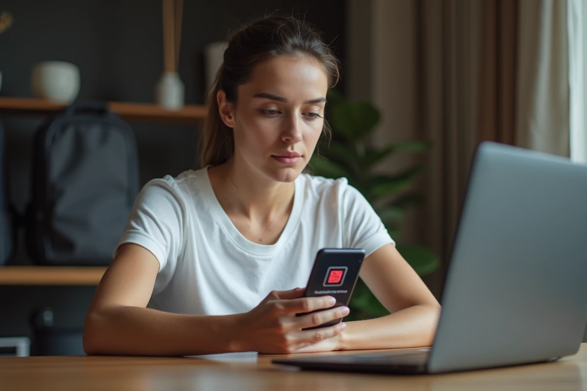 Une femme scanne le sticker holographique d'authentification d'une raquette Yonex avec son smartphone pour vérifier son origine