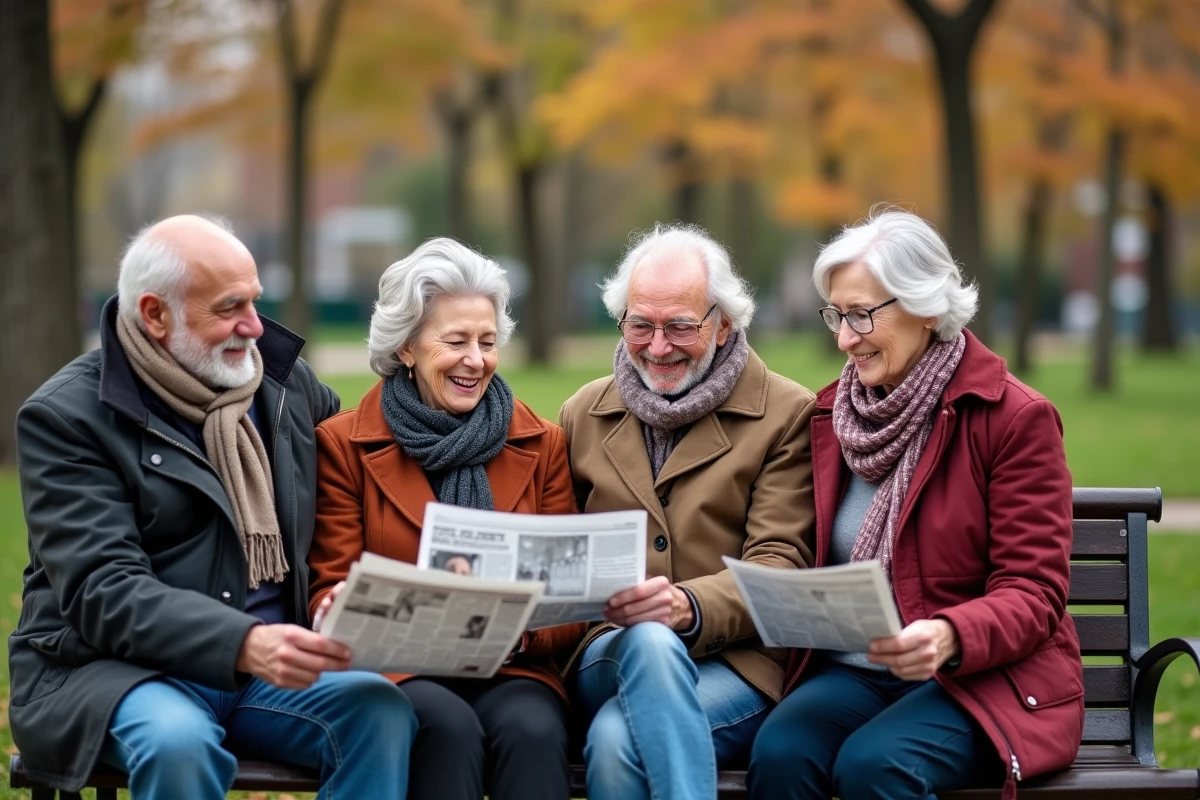 Groupe de seniors souriants assis sur un banc dans un parc