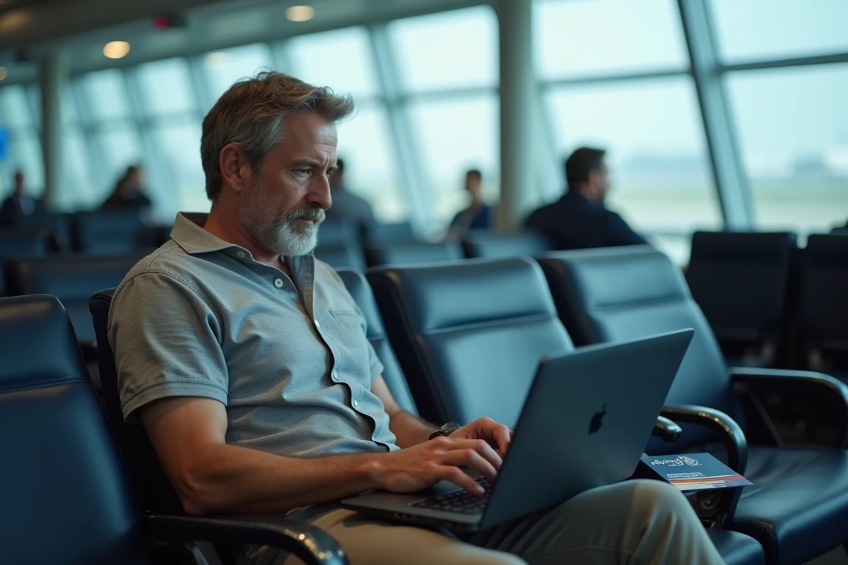 Homme contactant le service client Flying Blue sur son ordinateur portable dans un aéroport